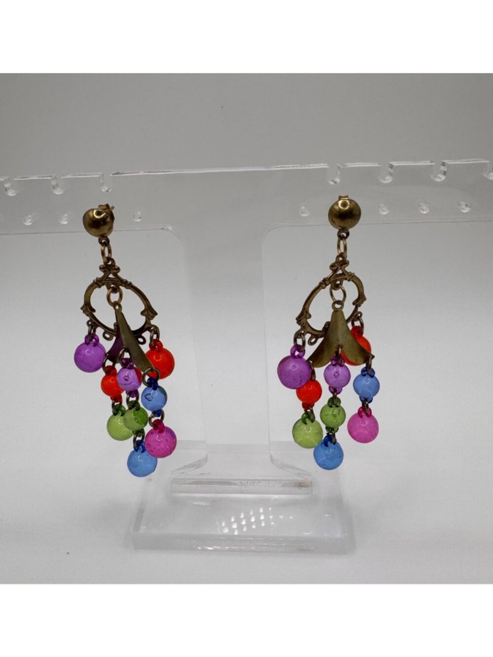 Vintage 80s Neon Chandelier Earrings Multicolor Dangle Pierced Fun Color